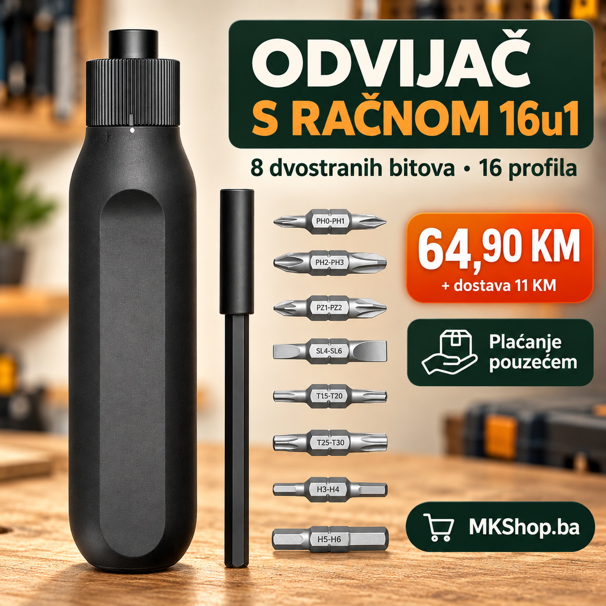Odvijač s račnom 16u1 – nastavci u dršci